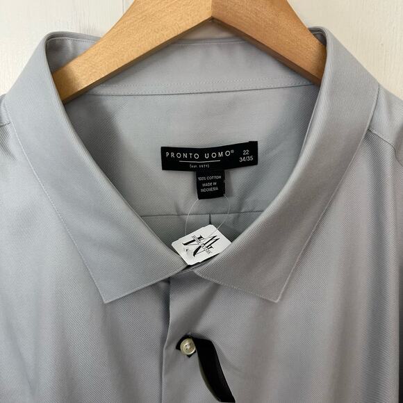 Pronto Uomo Dress Shirt Mens 22 34/35 Non Iron Button Up Solid Gray Career Work - Picture 6 of 8